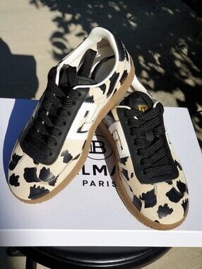Balmain Paris Swan Leopard Print Suede Leather Trainers